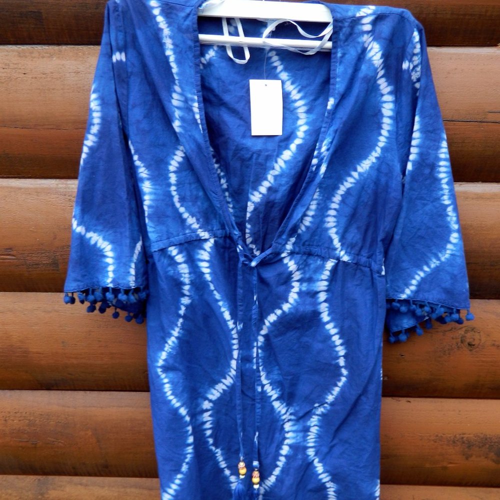 Blue Island 3/4 Sleeve Tunic Beach Cover-Up, Women's Size M, Blue Tie Dye NEW